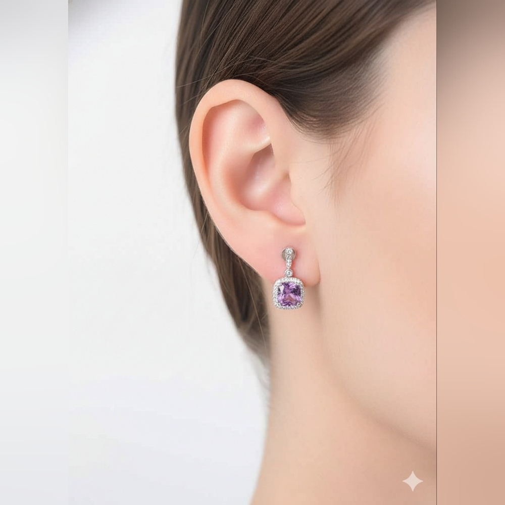 New Women Sterling 925 Solid Silver Tanzanite and CZ Earrings In Gift Box $199